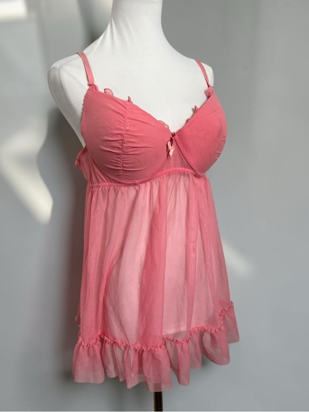 Vintage Pink Sheer Babydoll Slip Dress Ruffle Lace Bust Lingerie XL